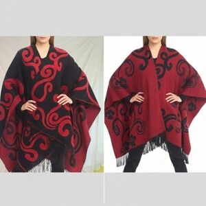 Women Reversible Black Burgundy Poncho Ruana Cardigan Sweater Shawl Wrap Fringe